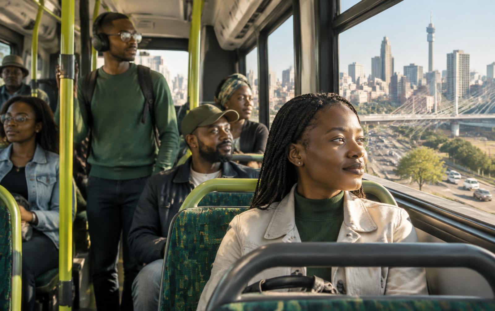 Passengers travelling together on a Johannesburg bus